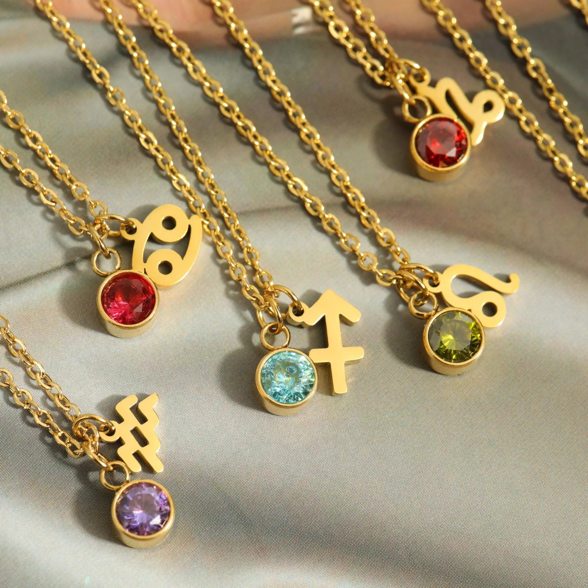 Stainless Steel 12 Constellation Birthstone Pendant Necklace For Women Zodiac Sign Lucky Birthstone Zircon Necklace Jewelry Gift - YDKM