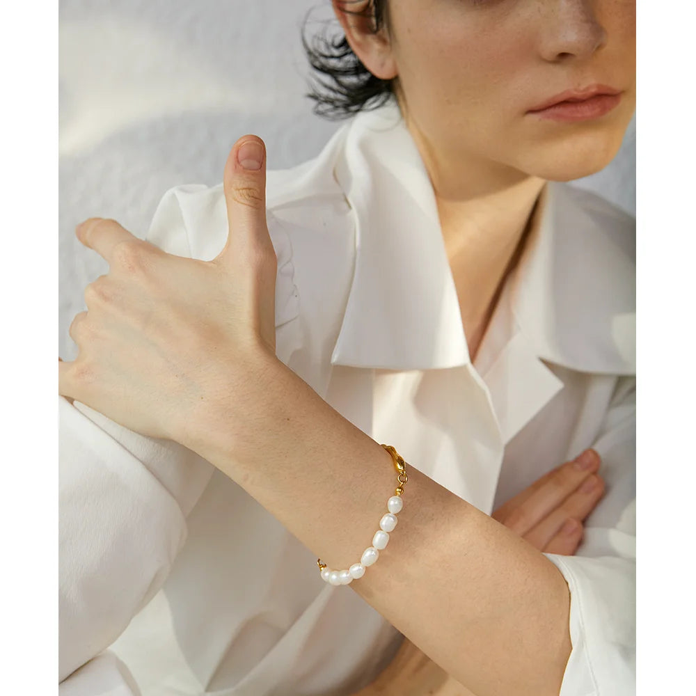 Yhpup Luxury Natural Freshwater Pearls Stainless Steel 18k Gold Color Bracelet Bangle Temperament Fashion Jewelry Women New Gift - YDKM