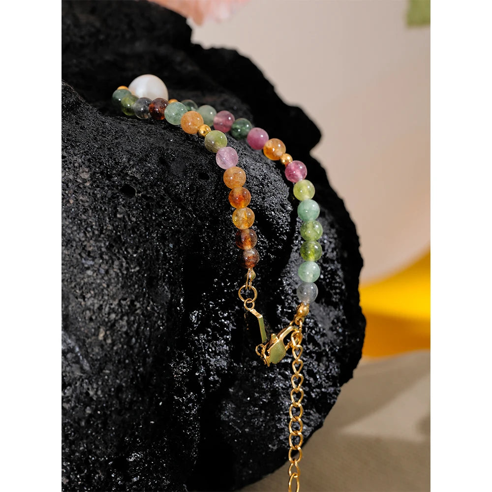 Yhpup Natural Tourmaline Stone Pearl Fashion Colorful Bead Bracelet Bangle for Women Mother Gift Healing Charm Jewelry Wholesale - YDKM