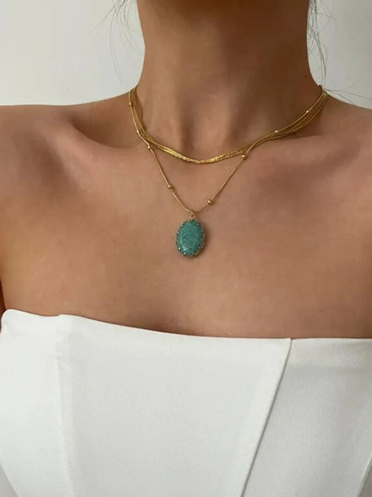 Green pink oval big stone pendant necklaces stainless steel necklaces for women summer holiday waterproof jewelry 2024new in - YDKM
