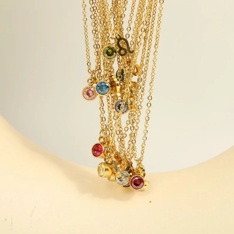 Stainless Steel 12 Constellation Birthstone Pendant Necklace For Women Zodiac Sign Lucky Birthstone Zircon Necklace Jewelry Gift - YDKM