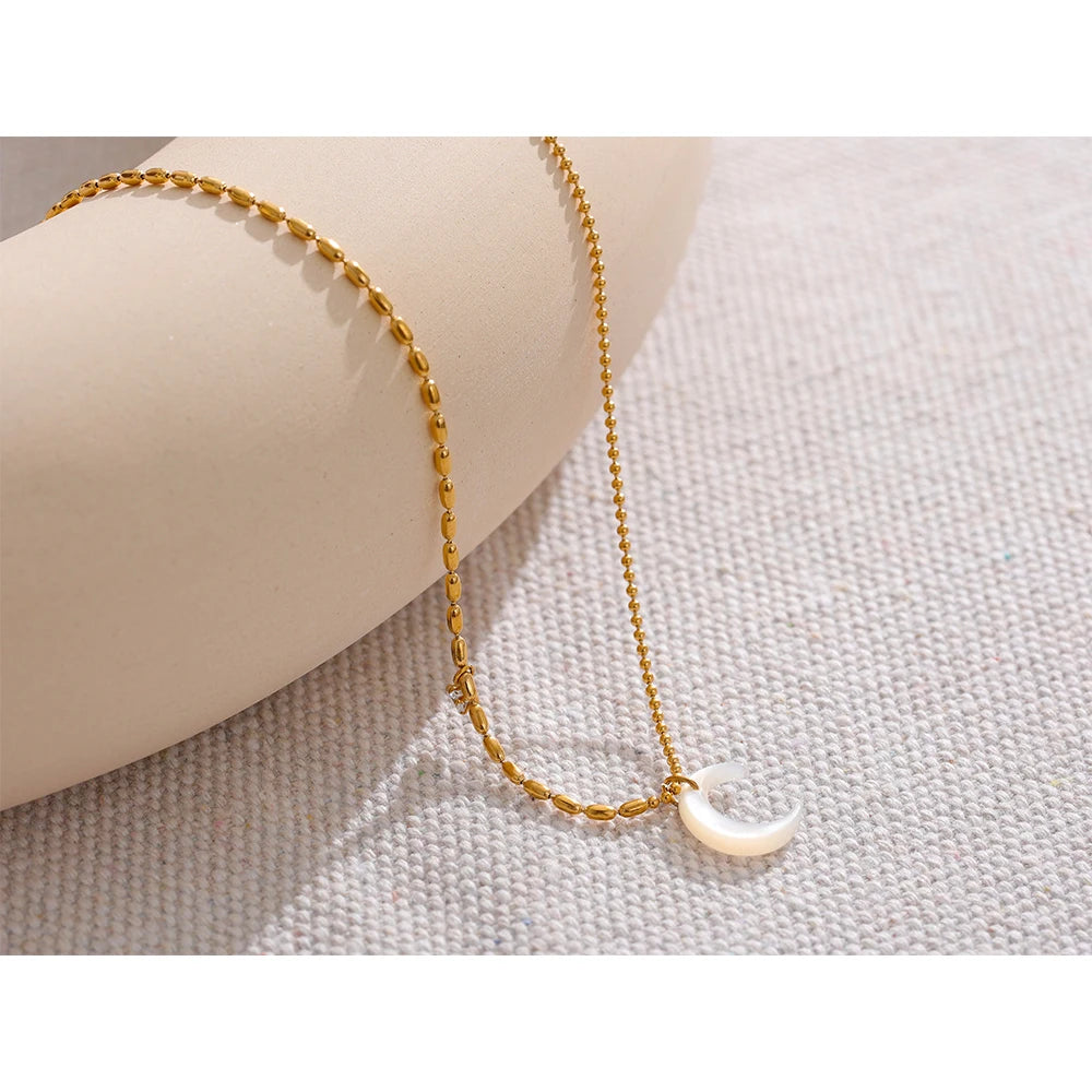 Stainless Steel White Shell Moon Pendant Chic Necklace - YDKM