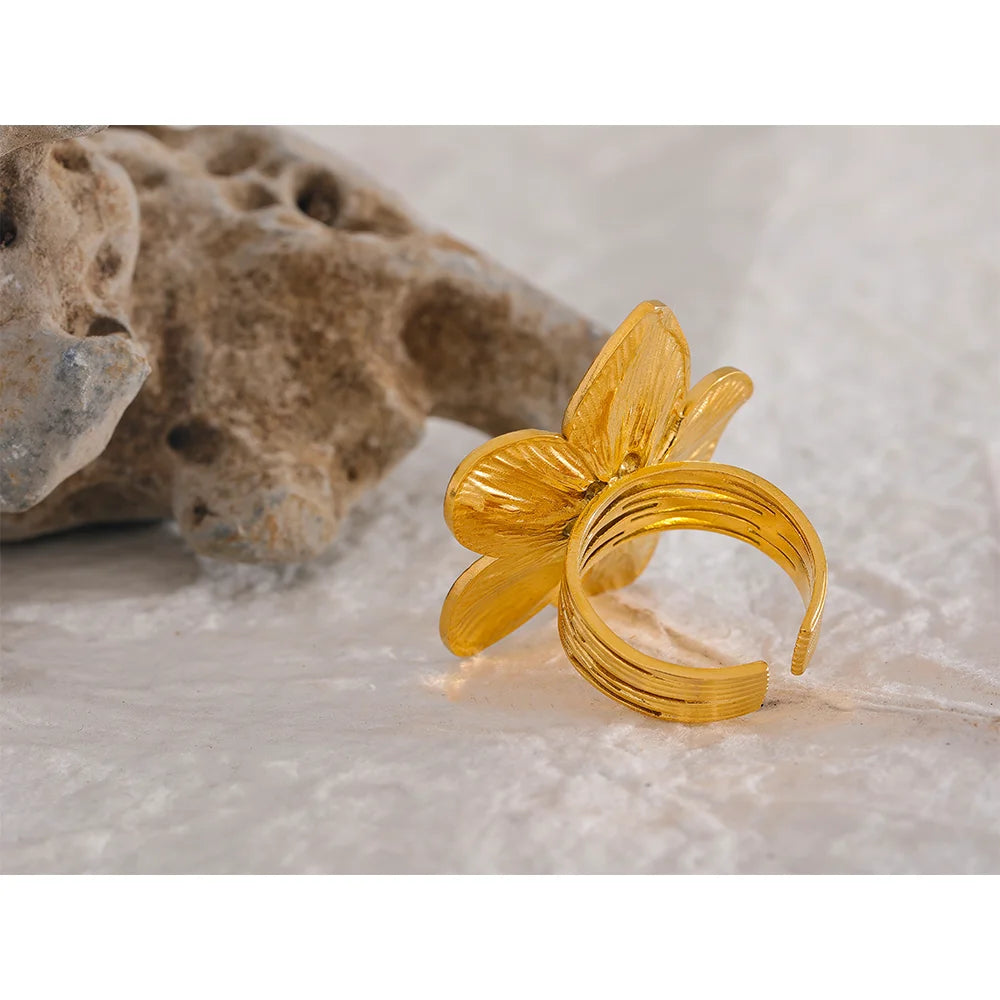 Yhpup Waterproof 18K Gold Color Stainless Steel Flower Big Open Ring for Women Trendy Fashion Party Summer Statement Jewelry - YDKM