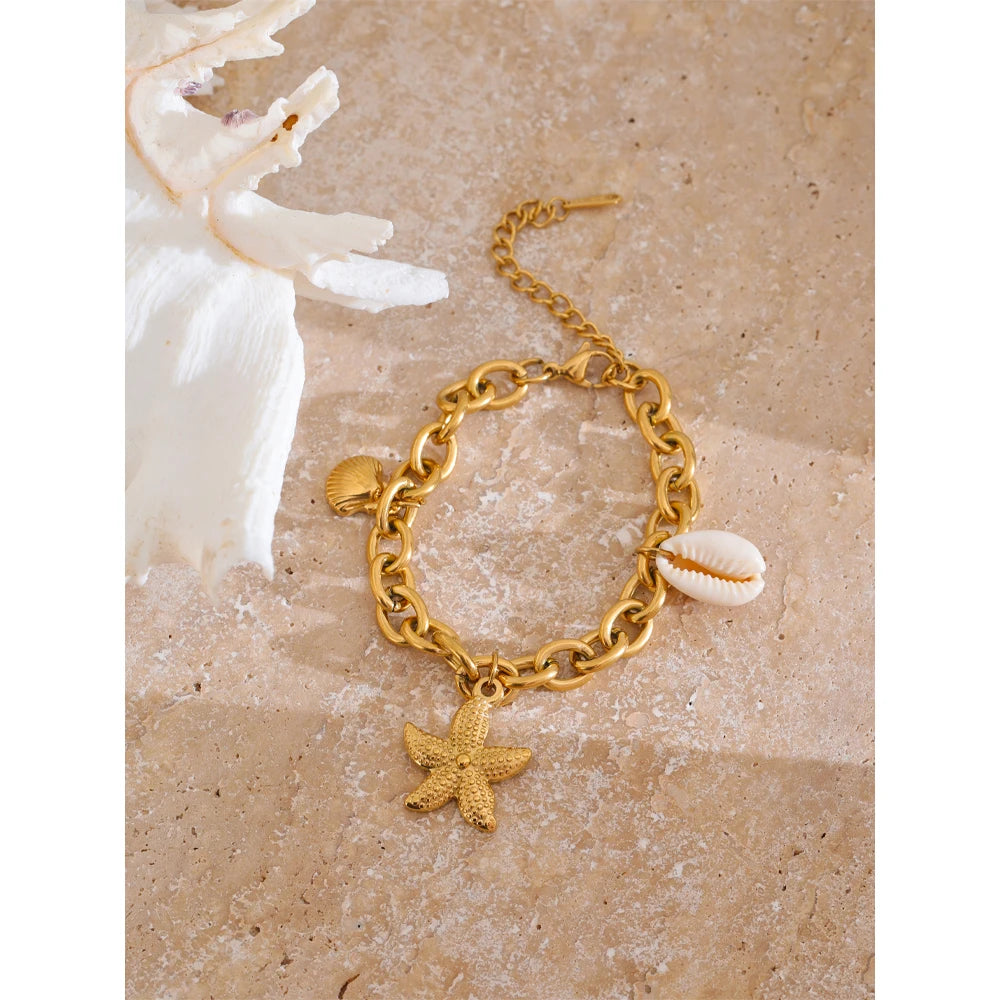Yhpup Stainless Steel 18K Gold PVD Plated Metal Chain Waterproof Ocean Pendant Charm Starfish Shell Accessories Holiday Jewelry - YDKM