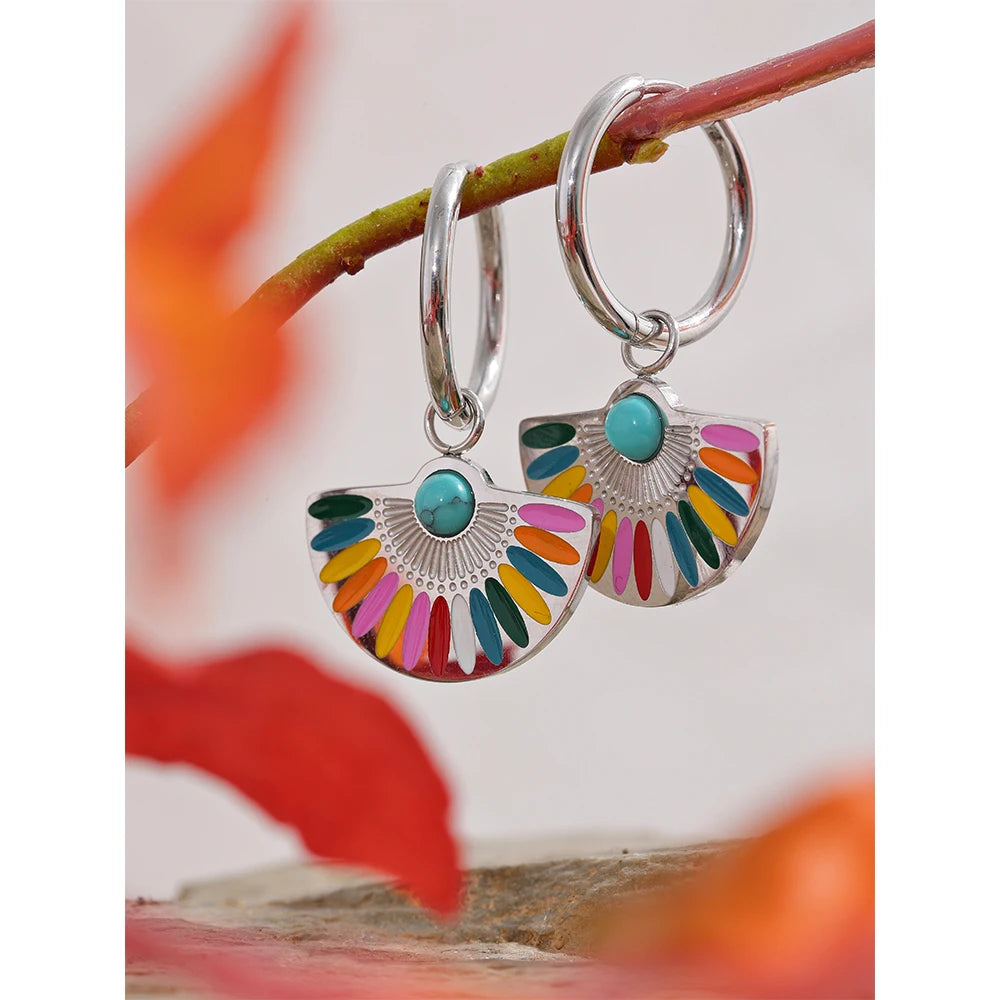 Yhpup Y2K Colorful Enamel Stainless Steel Fan Geometric Bohemian Rainbow Drop Hoop Earrings Women Trendy Fashion Charm Jewelry - YDKM