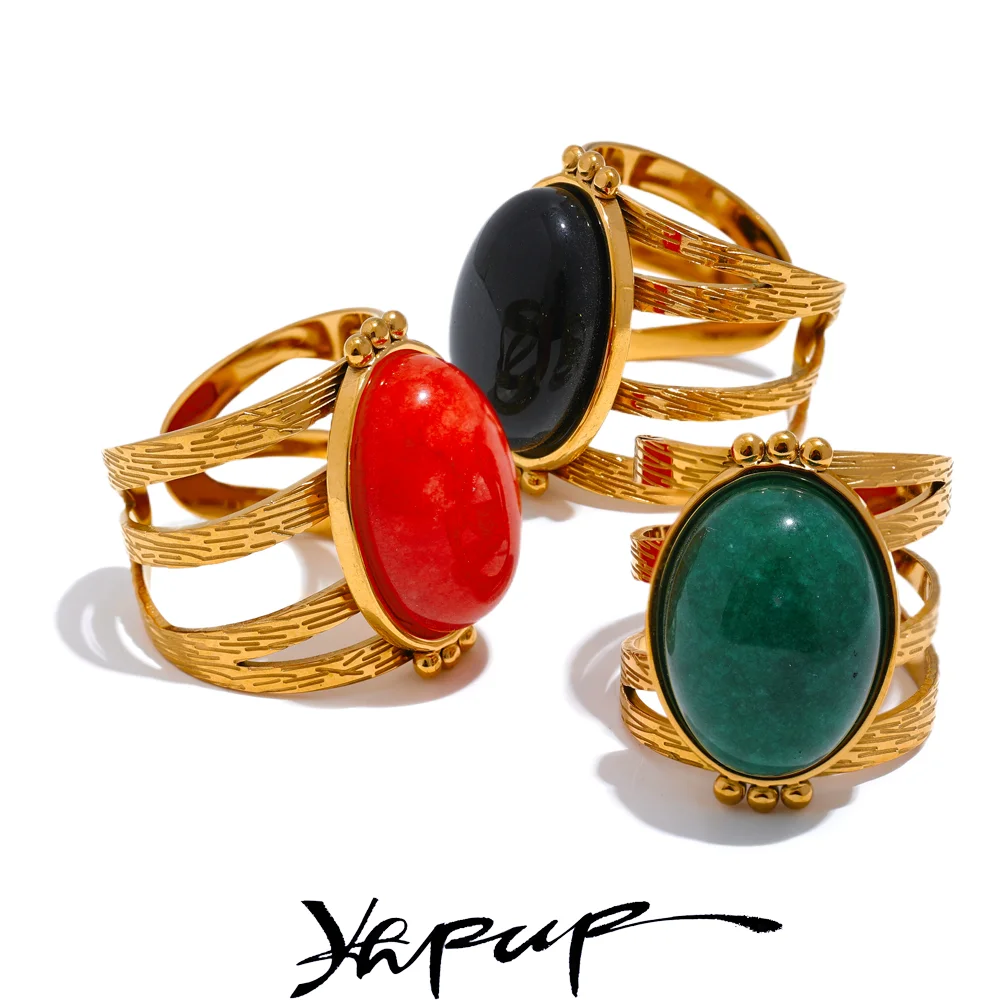 Yhpup Red Black Green Stone Stainless Steel Open Adjustable Popular Fashion Ring Gold Plated Waterproof Women Jewelry Gala Gift - YDKM