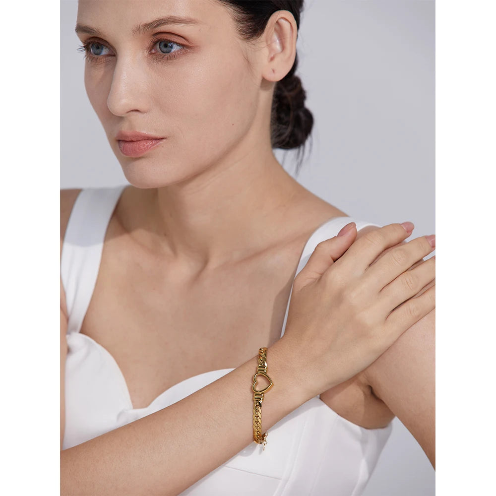 Yhpup (Wrist over 40mm fit this style) High Quality Love Heart Cuban Chain Stainless Steel Metal Bracelet Waterproof Jewelry - YDKM