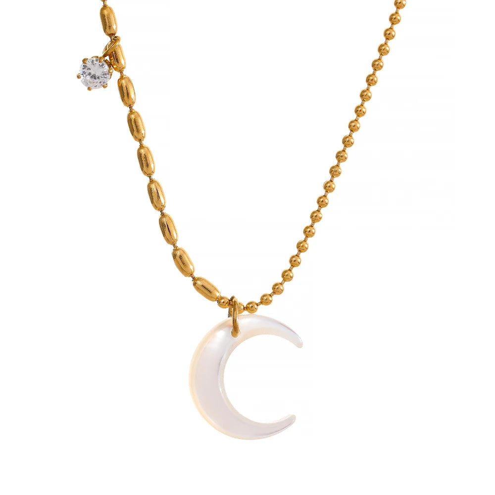 Stainless Steel White Shell Moon Pendant Chic Necklace - YDKM