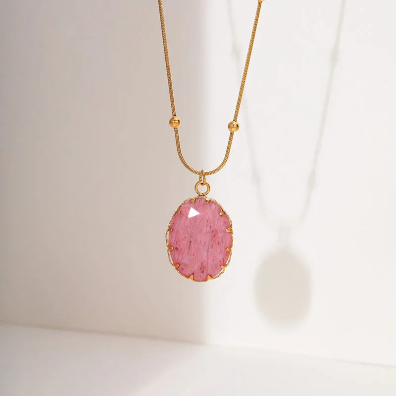 Green pink oval big stone pendant necklaces stainless steel necklaces for women summer holiday waterproof jewelry 2024new in - YDKM