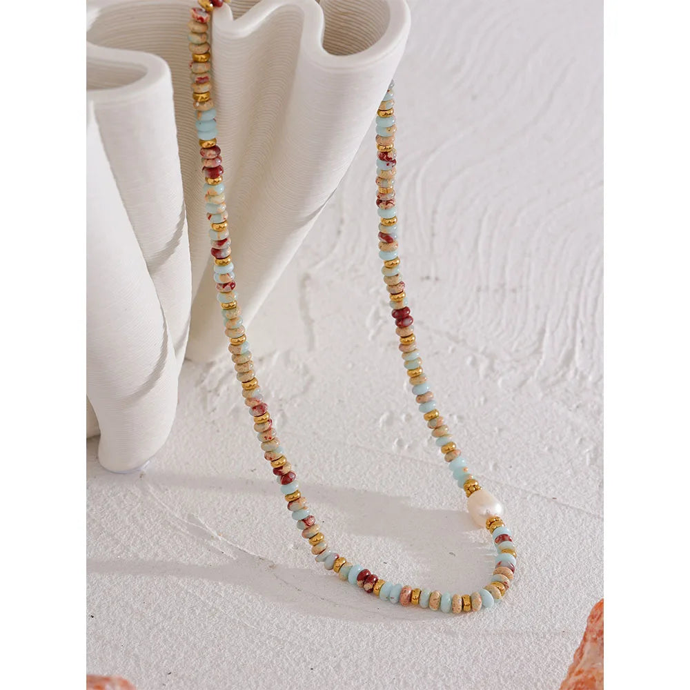 Yhpup Trendy Natural Stone Freshwater Pearl Collar Chain Necklace Stainless Steel Handmade Stylish Beads Jewelry Bijoux Gift - YDKM