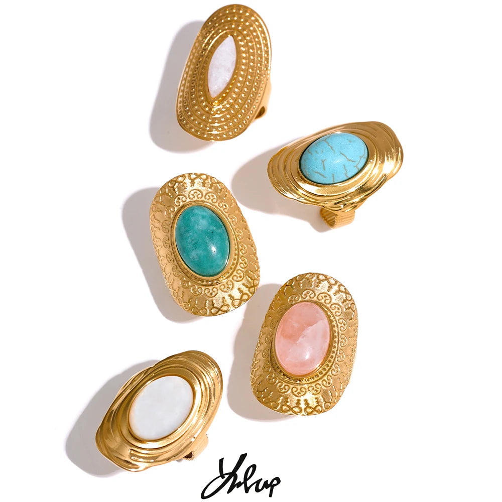Yhpup Stainless Steel Natural Stone Pink Green Turquoise Hyperbolic Ring Women Bohemian Stylish Adjustable Big Summer Jewelry - YDKM