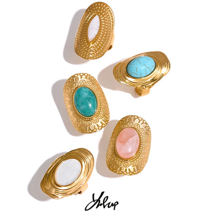 Yhpup Stainless Steel Natural Stone Pink Green Turquoise Hyperbolic Ring Women Bohemian Stylish Adjustable Big Summer Jewelry - YDKM