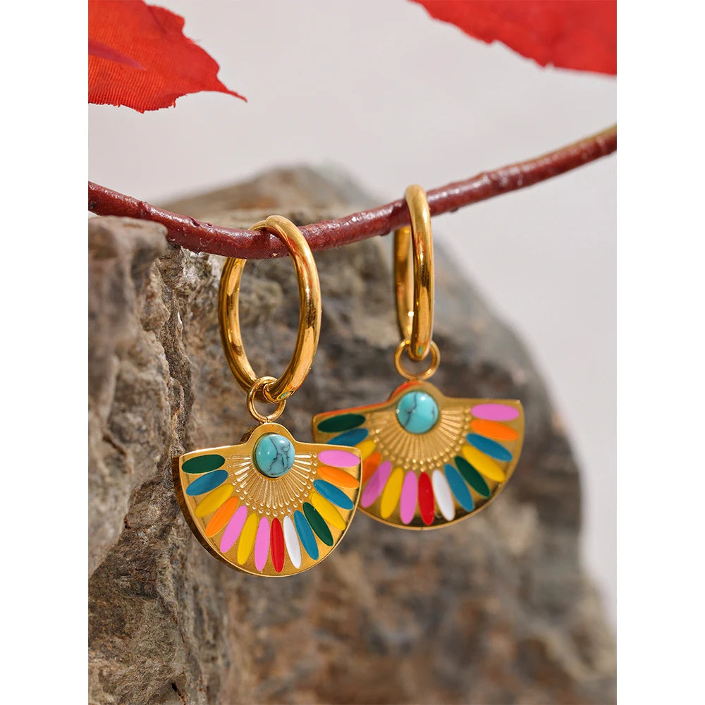 Yhpup Y2K Colorful Enamel Stainless Steel Fan Geometric Bohemian Rainbow Drop Hoop Earrings Women Trendy Fashion Charm Jewelry - YDKM