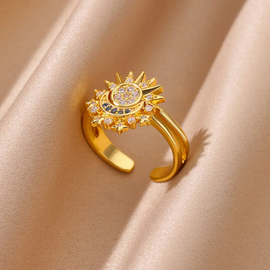 2PC Exquisite Cubic Zirconic Sun Moon Ring Set For Women Men Gold Color Stainless Steel Moon Sun Ring Couple Jewelry Gift - YDKM