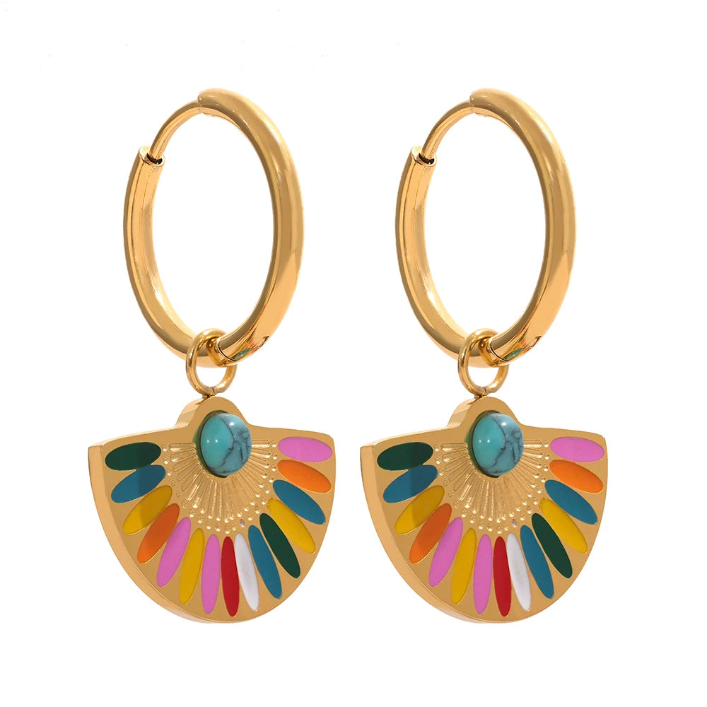 Yhpup Y2K Colorful Enamel Stainless Steel Fan Geometric Bohemian Rainbow Drop Hoop Earrings Women Trendy Fashion Charm Jewelry - YDKM