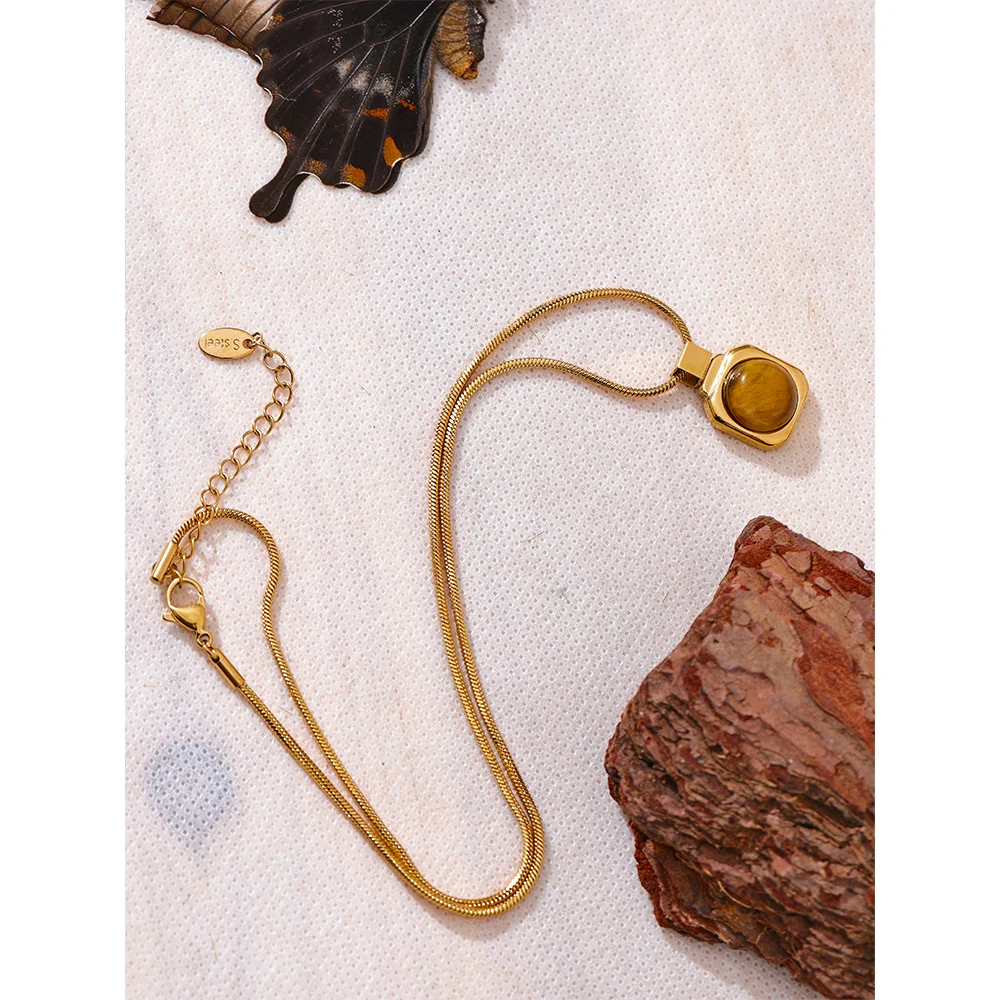 Yhpup High Quality Natural Tiger Stone Square Pendant Necklace Rust Proof Gold Color Fashion Collar Versatile Jewelry Gift - YDKM