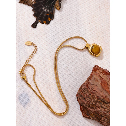 Yhpup High Quality Natural Tiger Stone Square Pendant Necklace Rust Proof Gold Color Fashion Collar Versatile Jewelry Gift - YDKM