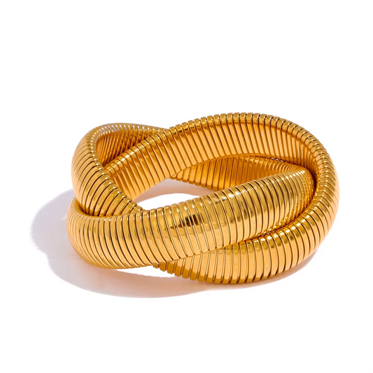 Yhpup 316L Stainless Steel Wide Heavy Metal Stackable Bracelet Bangle Waterproof 18K PVD Plated Texture Charm Statement Jewelry - YDKM