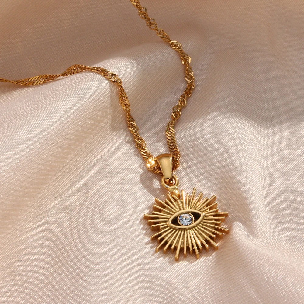 Stainless Steel Creative Sunlight Zirconia Evil Eye Pendant Necklaces - YDKM