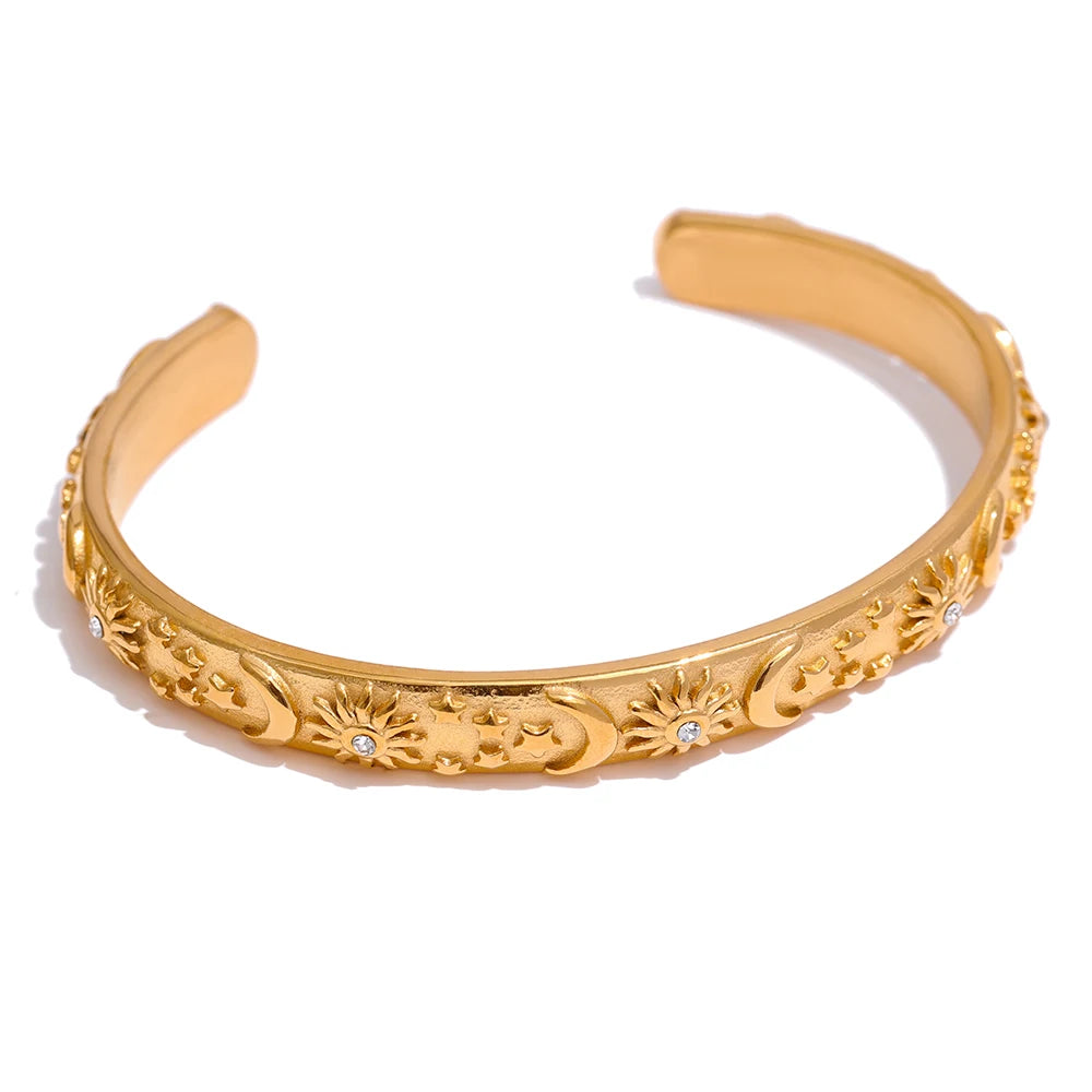 Yhpup Golden Stainless Steel Moon Star Sun Bangle Bracelet  Stylish Metal Open Wrist браслеты на руку женкие Party Gift - YDKM