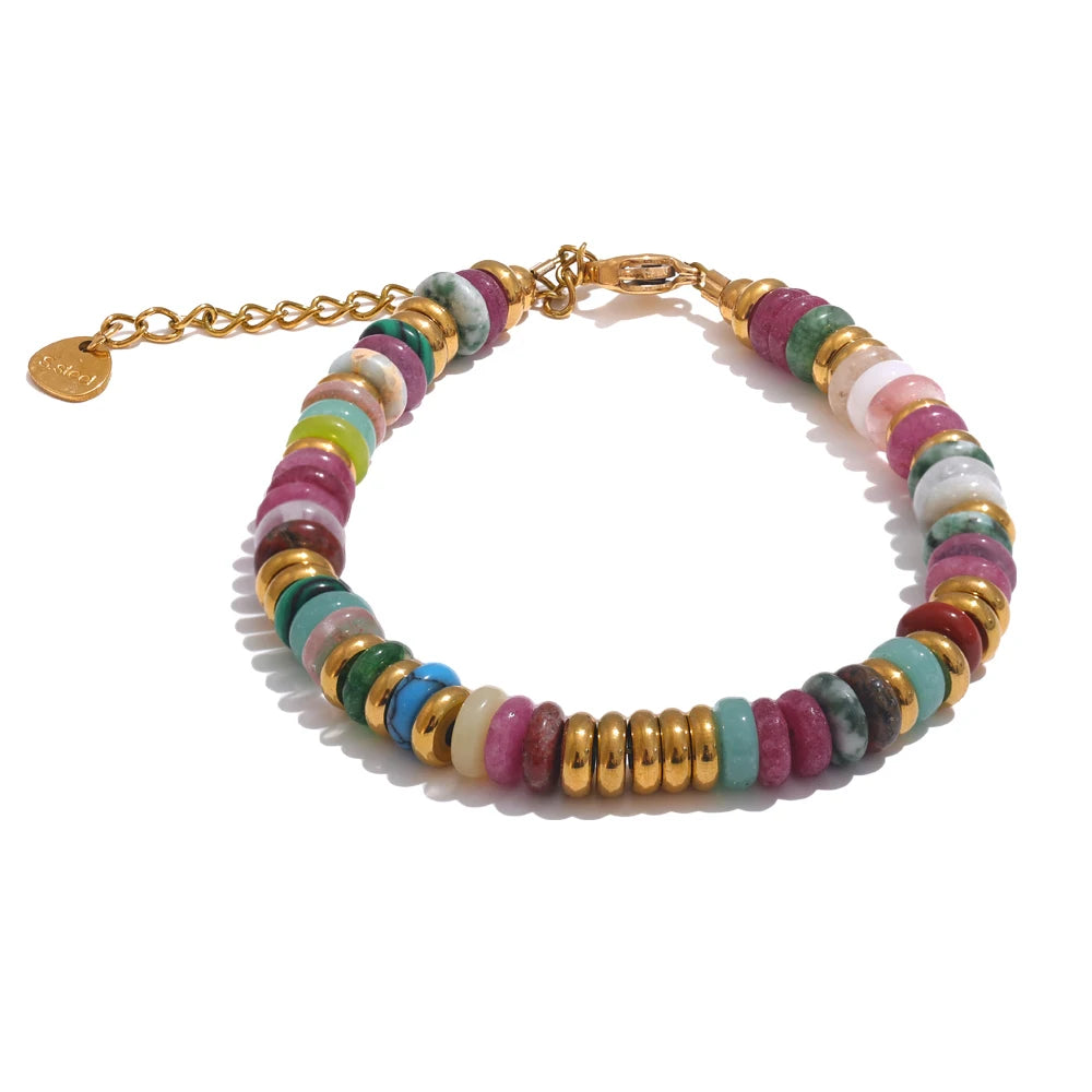 Yhpup Colorful Natural Stone Beads Chain Handmade Bracelet Bangle Waterproof Bohemia Stainless Steel Y2K Trendy Jewelry Gift - YDKM