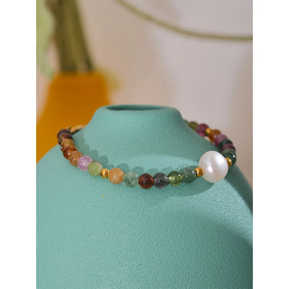 Yhpup Natural Tourmaline Stone Pearl Fashion Colorful Bead Bracelet Bangle for Women Mother Gift Healing Charm Jewelry Wholesale - YDKM