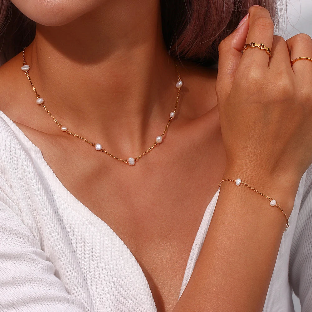E.B.belle Anti-allergy Stainless Steel Chain Freshwater Pearl Chain Necklace Bracelets For Women Gold Plated Jewelry Set - YDKM