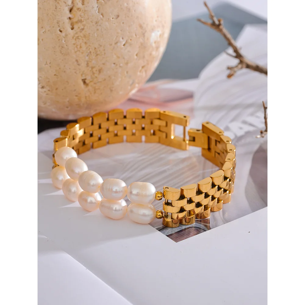 Yhpup Luxury Natural Pearls Cuban Chain 316L Stainless Steel Bracelet Bangle High Quality Women Gold Color Premium Jewelry Gift - YDKM
