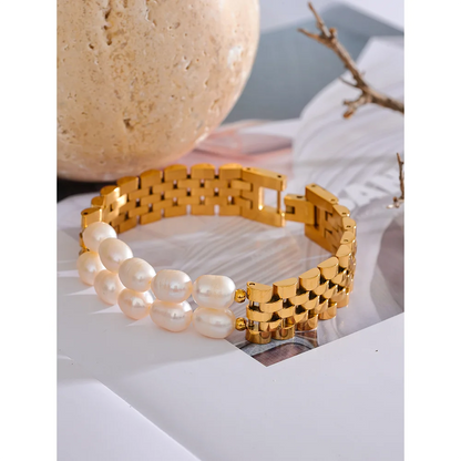 Yhpup Luxury Natural Pearls Cuban Chain 316L Stainless Steel Bracelet Bangle High Quality Women Gold Color Premium Jewelry Gift - YDKM