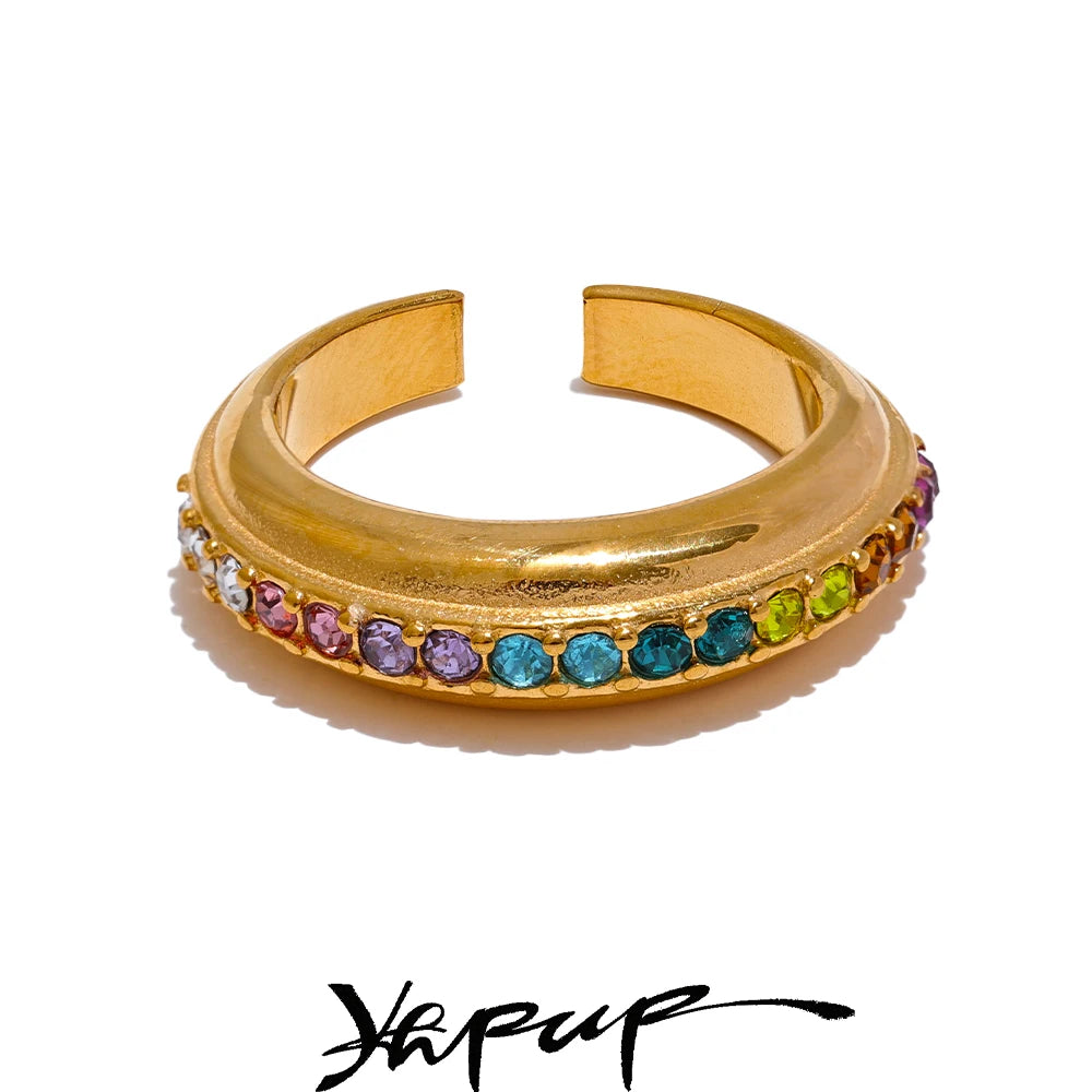 Yhpup Colorful White Cubic Zirconia Stainless Steel Fashion Open Ring Non-adjustable Golden Jewelry Water Resistant New - YDKM