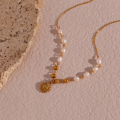 Freshwater Pearl Gold Color Beads Chain Stainless Steel Necklace Optimistic Sun Pendant Necklace For Woman Christmas Gift - YDKM