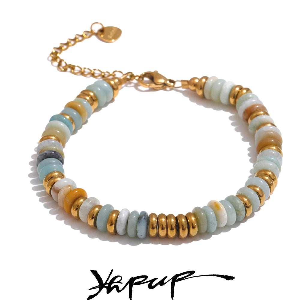 Yhpup Colorful Natural Stone Beads Chain Handmade Bracelet Bangle Waterproof Bohemia Stainless Steel Y2K Trendy Jewelry Gift - YDKM
