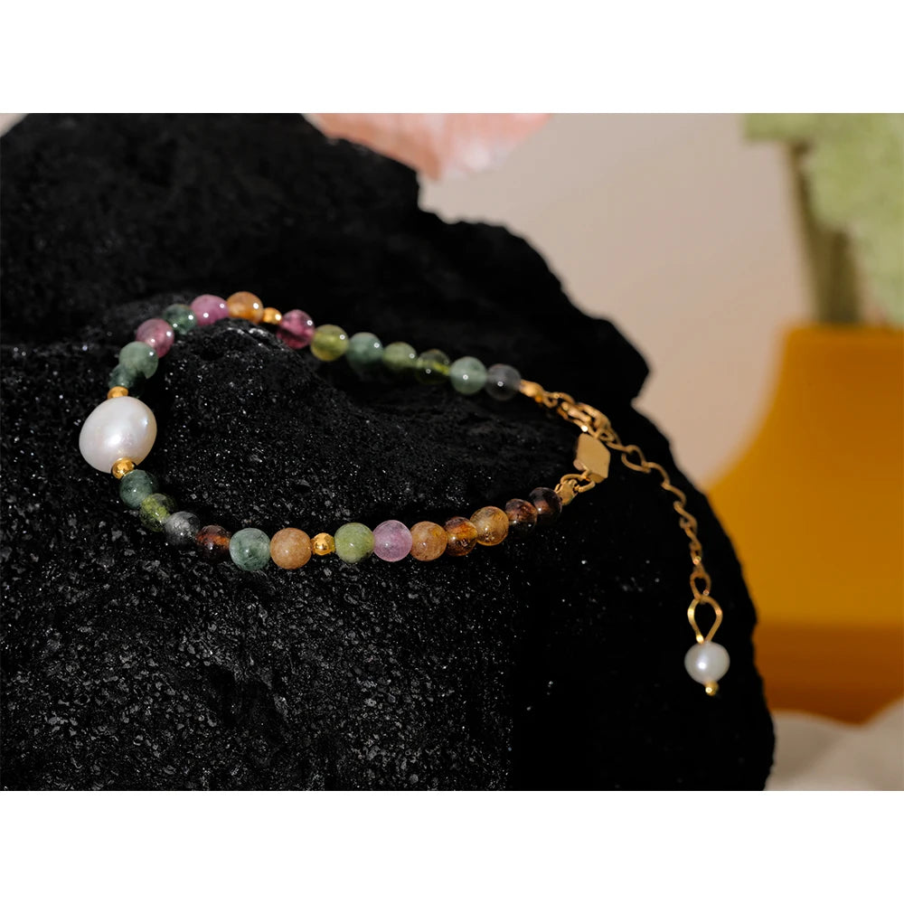 Yhpup Natural Tourmaline Stone Pearl Fashion Colorful Bead Bracelet Bangle for Women Mother Gift Healing Charm Jewelry Wholesale - YDKM