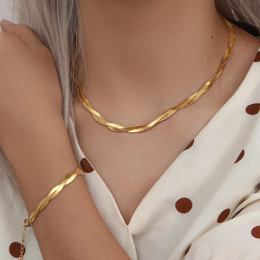 E.B.belle Gold Plated Waterproof Braided Herringbone Chain Necklace - YDKM