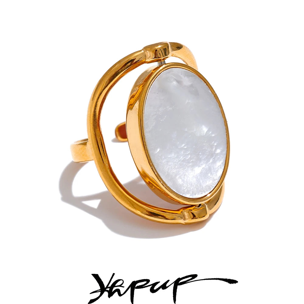 Yhpup Exclusive Natural Stone Shell Rotatable Open Ring France Exquisite Stainless Steel Unique Jewelry for Fashionable Women - YDKM