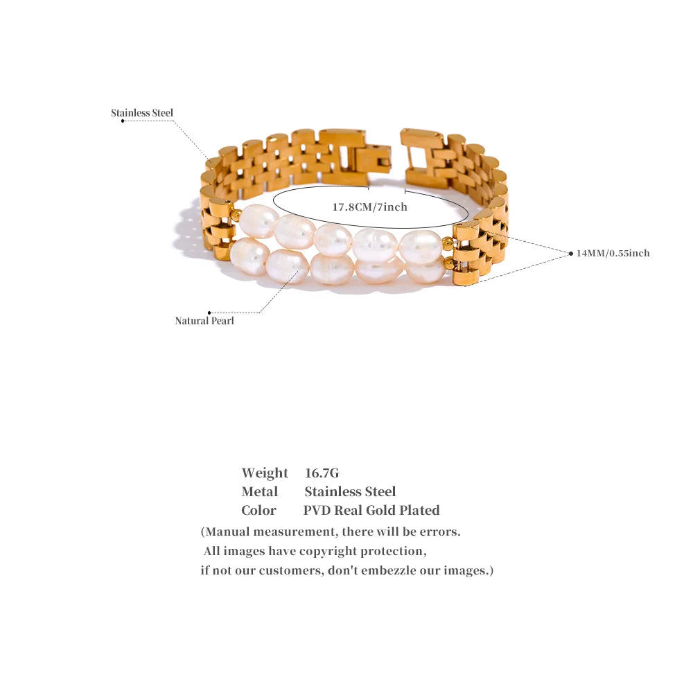Yhpup Luxury Natural Pearls Cuban Chain 316L Stainless Steel Bracelet Bangle High Quality Women Gold Color Premium Jewelry Gift - YDKM