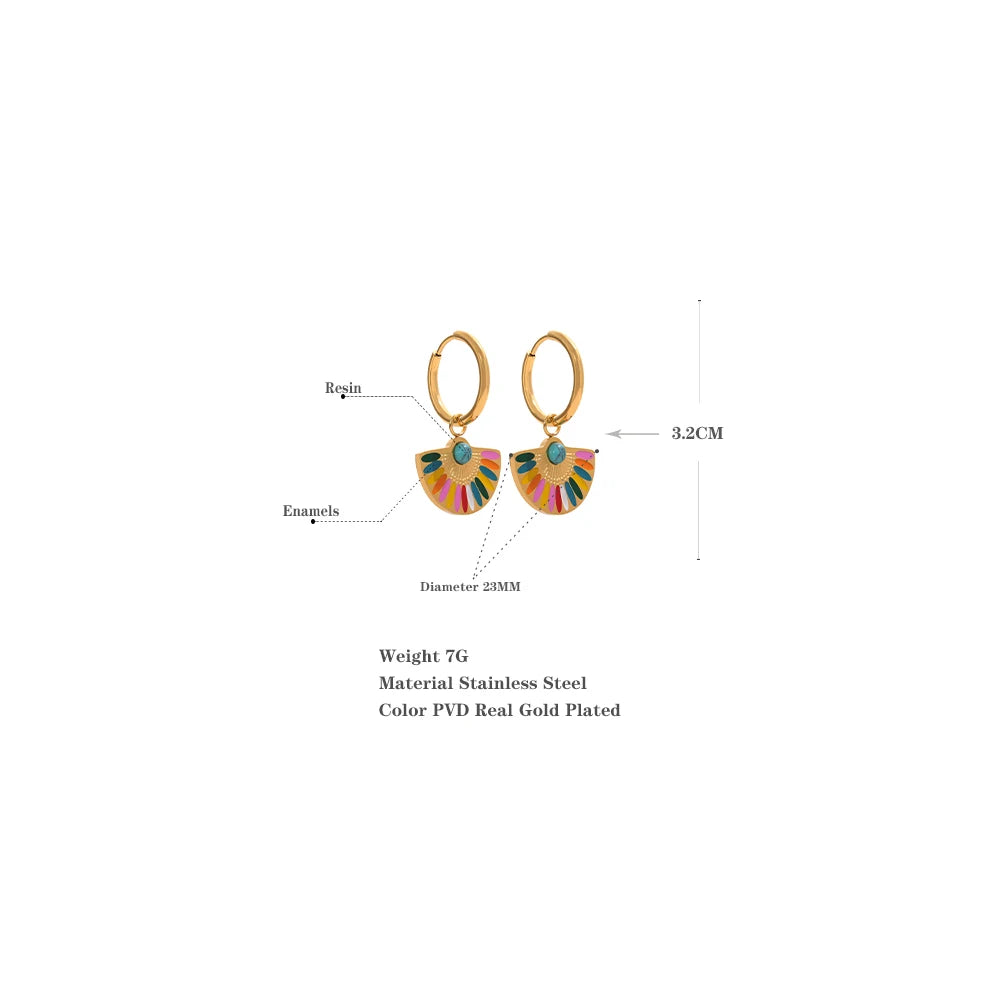 Yhpup Y2K Colorful Enamel Stainless Steel Fan Geometric Bohemian Rainbow Drop Hoop Earrings Women Trendy Fashion Charm Jewelry - YDKM