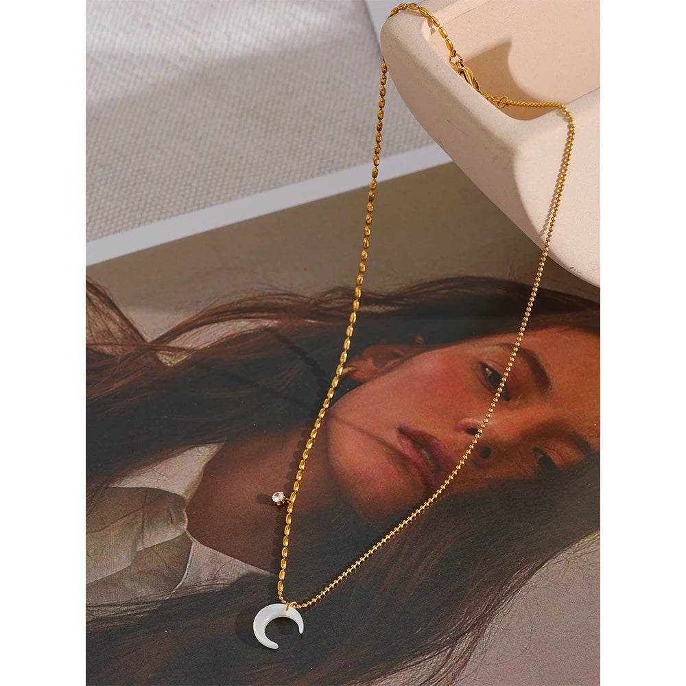 Stainless Steel White Shell Moon Pendant Chic Necklace - YDKM
