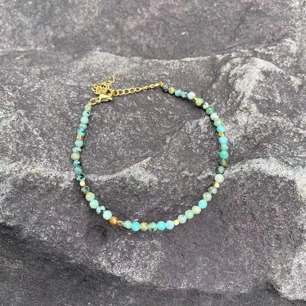 3mm Faceted African Turquoise Nature Stone Beaded Bracelet For Women With 18k gold plated Stainless Steel Square Beads Jewelry - YDKM