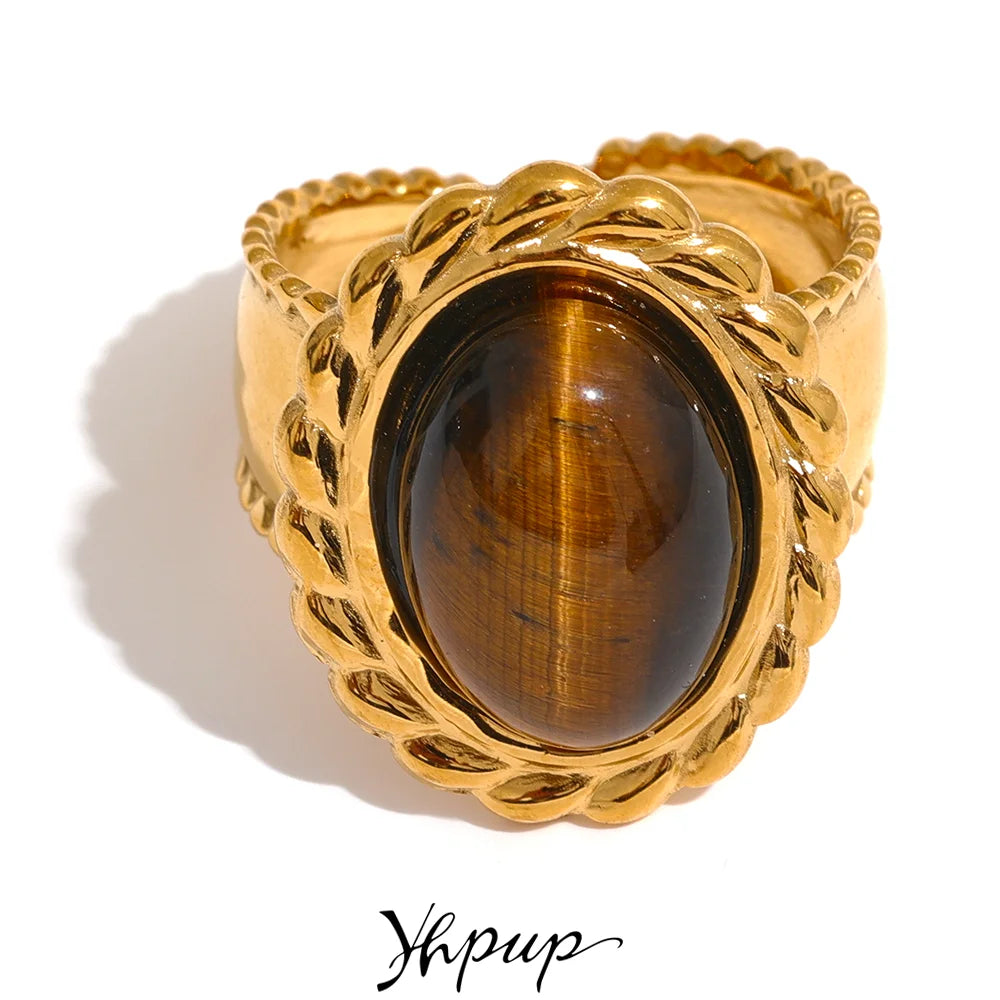 Yhpup Stainless Steel Wide Chunky Ring Inlaid Tiger Natural Stone Jewelry Trend Europe Bijoux Vintage Stylish Statement - YDKM