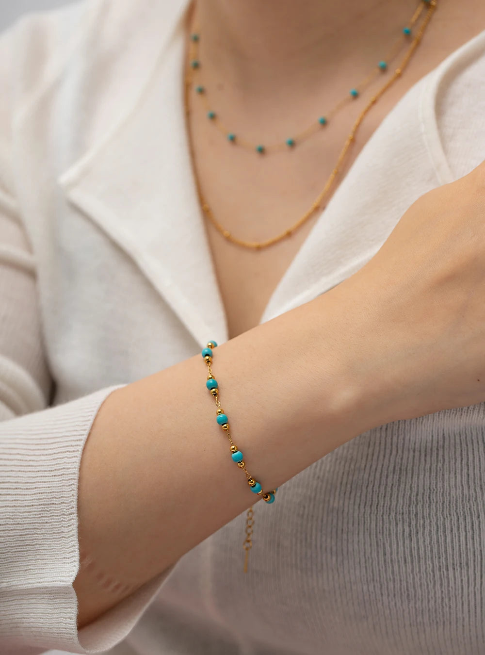 Youthway Fashion Turquoise Stainless Steel 18K Gold Pvd Plated Adjustable Bracelet Waterproof Jewelry Women Gift - YDKM