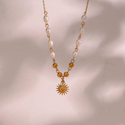 Freshwater Pearl Gold Color Beads Chain Stainless Steel Necklace Optimistic Sun Pendant Necklace For Woman Christmas Gift - YDKM