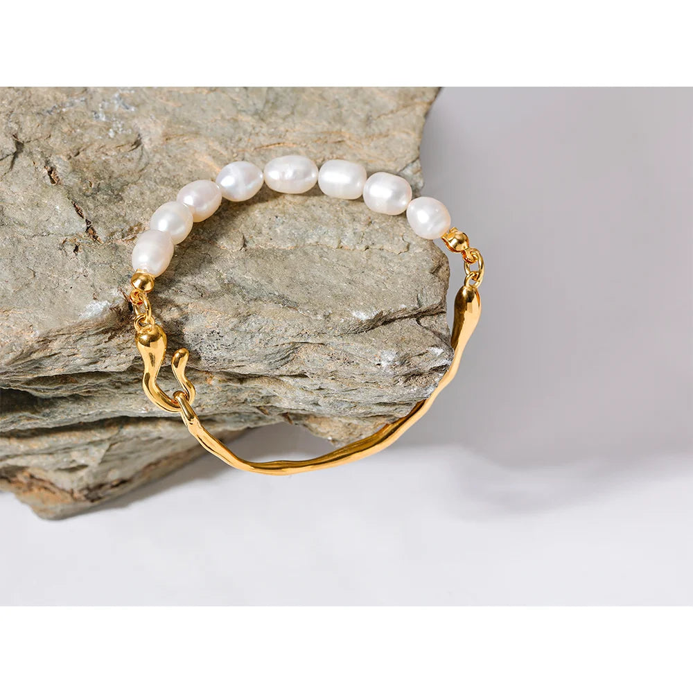 Yhpup Luxury Natural Freshwater Pearls Stainless Steel 18k Gold Color Bracelet Bangle Temperament Fashion Jewelry Women New Gift - YDKM