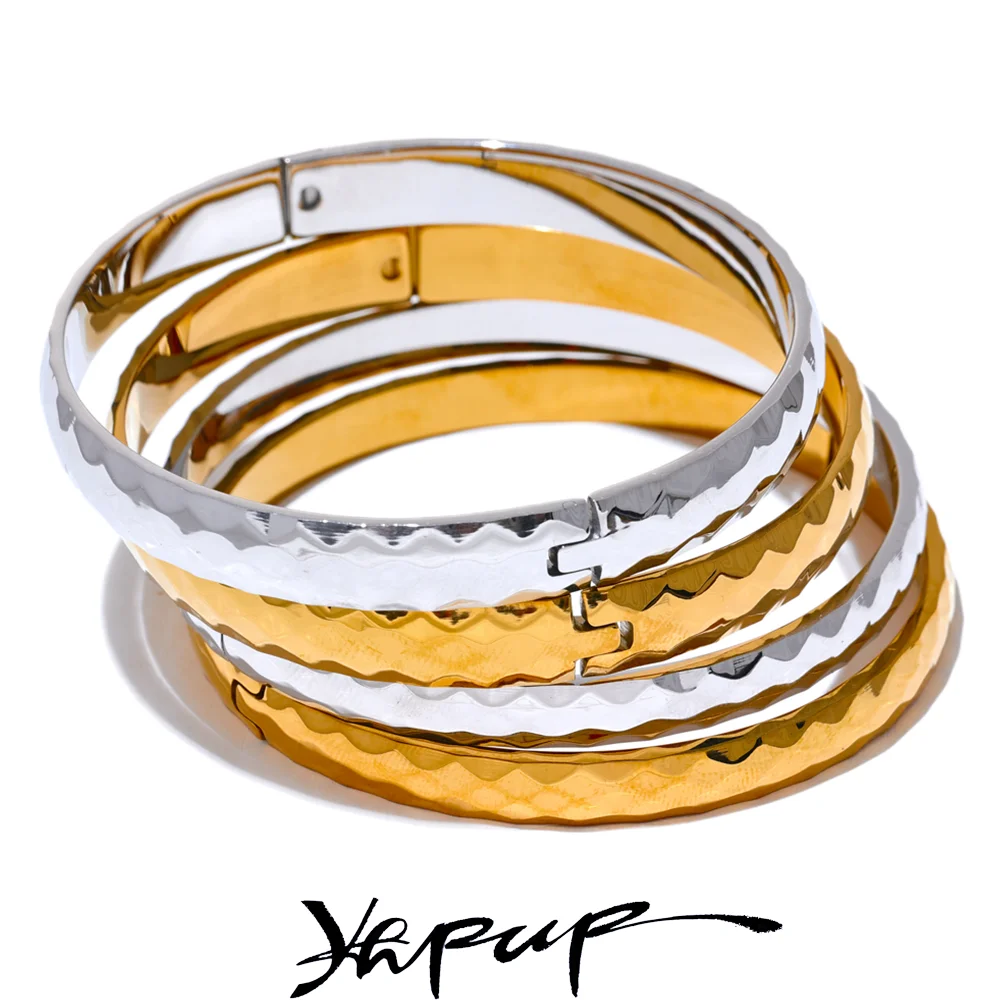 Yhpup 60mm 316l Stainless Steel Round Texture Bracelet Bangle Gold Silver Color Metal Waterproof Wrist Jewelry Bijoux Gift - YDKM
