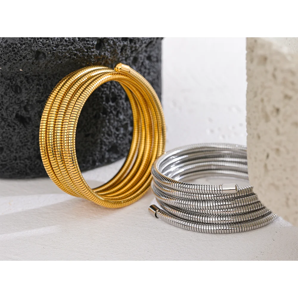 Yhpup Stainless Steel Stackable Multi-Layer Wrap Arm Bracelet Bangle Metal Elastic Waterproof Fashion Unisex Jewelry Men Women - YDKM