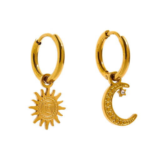 Yhpup Trendy Star Moon Asymmetry Drop Stainless Steel Gold Color Texture Hoop Earrings Statement Charm Jewelry for Women Gift - YDKM