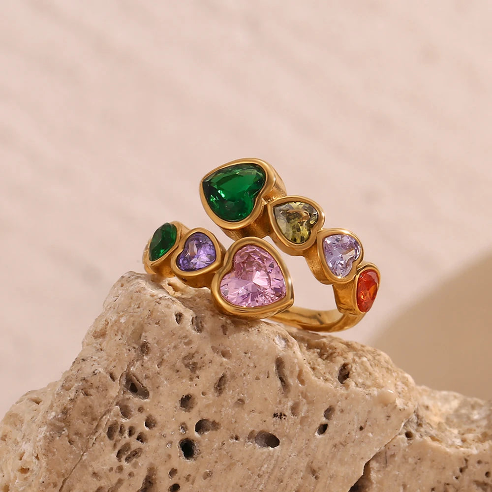 E.B.belle Open Heart Zircon Ring Colorful Hypoallergenic 316L Stainless Steel Decoration 18K Gold Plated Jewelry - YDKM