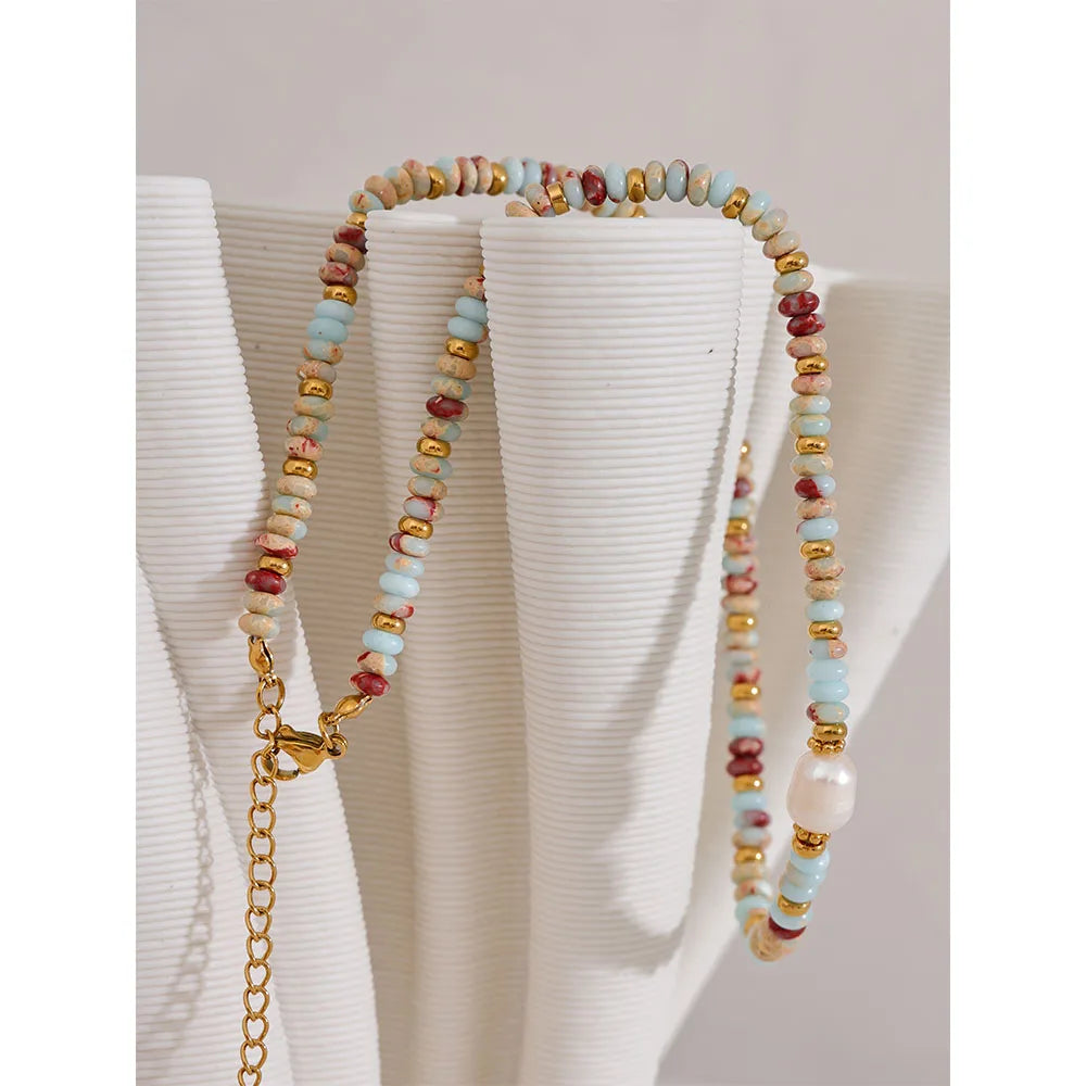 Yhpup Trendy Natural Stone Freshwater Pearl Collar Chain Necklace Stainless Steel Handmade Stylish Beads Jewelry Bijoux Gift - YDKM