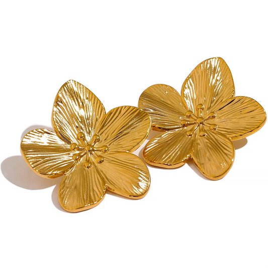 Yhpup Tarnish Free Vintage Gold Color Stainless Steel Flower Metal Stud Earrings for Women Individual Stylish Trendy Jewelry - YDKM