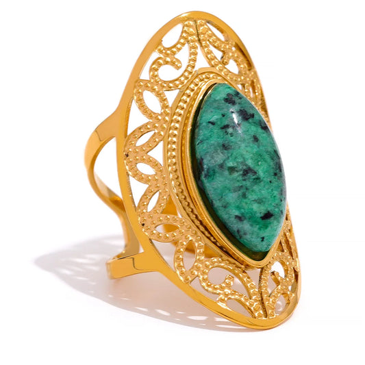 Yhpup Vintage Green Natural Stone Stainless Steel Open Ring Geometric Gold Color Stylish Hyperbolic Trendy Jewelry for Women - YDKM